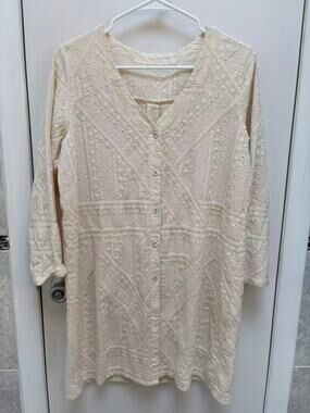 Boho Chikankari Eyelet Lace Dress Ivory White Button Front Tunic Kaftan S